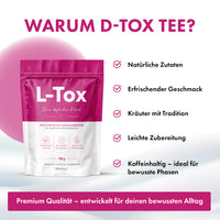 Thumbnail for L-Tox Tee Packung neben Infopunkten zu Zutaten, Geschmack, Zubereitung und Koffein