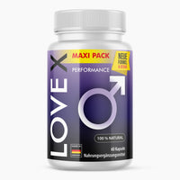 Thumbnail for Weiße Kunststoffdose mit violettem Etikett LOVE X Performance mit 60 Kapseln und großem Männersymbol vorn