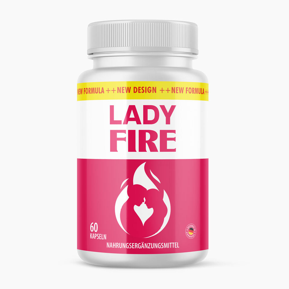Weiße Dose Lady Fire mit 60 Kapseln und pinkem Etikett mit weißem Flammenmotiv vorne sichtbar