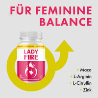 Thumbnail for Lady Fire Dose mit 60 Kapseln, großem Text Für feminine Balance und gelbem Pfeilsymbol rechts