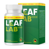 Thumbnail for Kunststoffdose mit Schrift Leaf Lab Premium, 90 Kapseln, grünes Etikett vor passender Faltschachtel