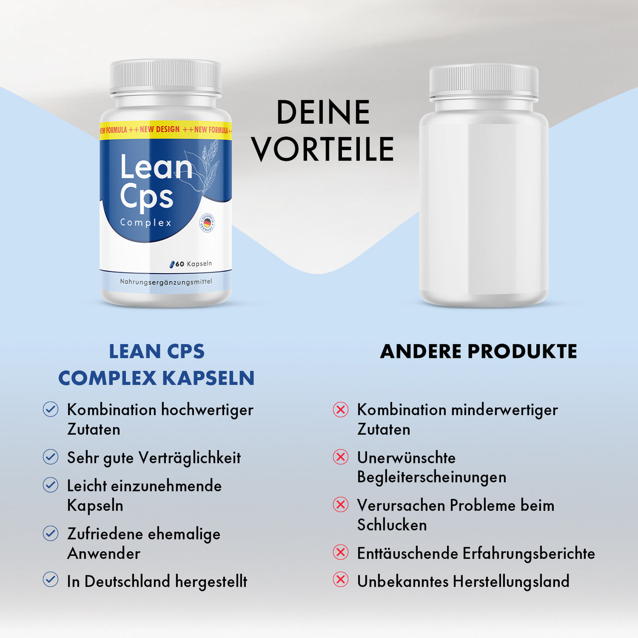 Vergleich von Lean Cps Complex mit anderer Dose sowie Vorteils- und Nachteilslisten mit Symbolen