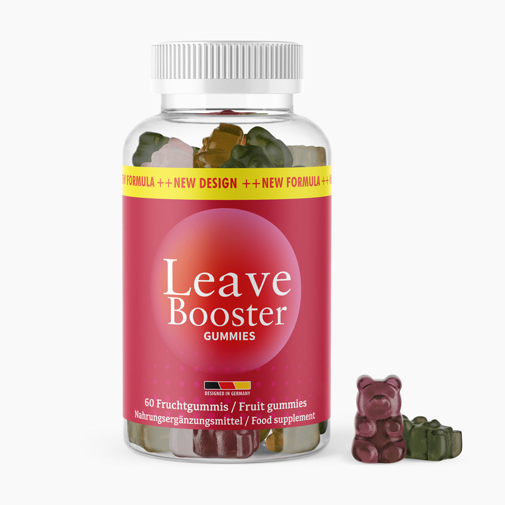 Dose mit weißem Deckel und Etikett Leave Booster Gummies, 60 Fruchtgummis, rote Verpackung mit Bärchen davor