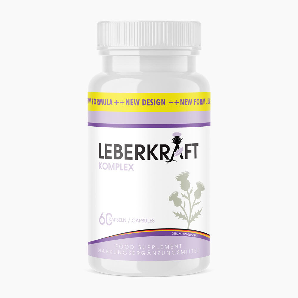 Weiße Dose Leberkraft Komplex mit lila Etikett, New-Formula-Band und Angabe von 60 Kapseln sichtbar