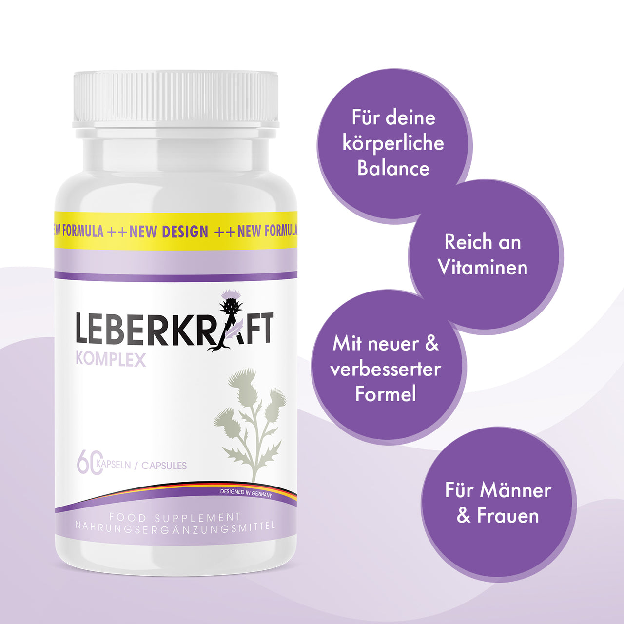 Leberkraft Komplex in weißer Dose mit vier Infokreisen zu sichtbaren Produktmerkmalen und Vitaminen