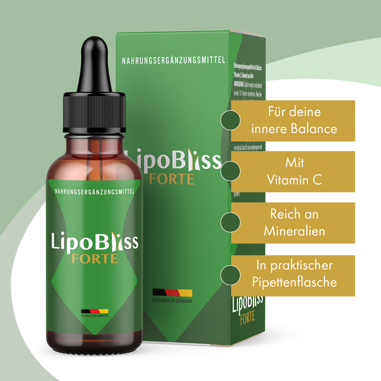 LipoBliss Forte Pipettenflasche vor grünem Umkarton mit vier Infopunkten zu Vitamin C und Mineralien