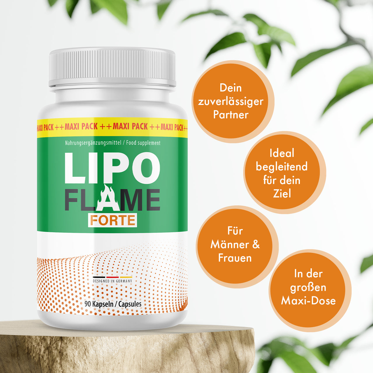 Weiße Dose Lipo Flame Forte mit 90 Kapseln, daneben Hinweise zu Zielbegleitung und Maxi-Dose