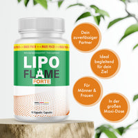 Thumbnail for Weiße Dose Lipo Flame Forte mit 90 Kapseln, daneben Hinweise zu Zielbegleitung und Maxi-Dose