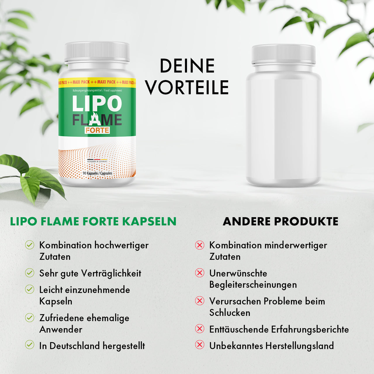Vergleichsgrafik: Lipo Flame Forte mit fünf beworbenen Vorteilen gegenüber anderen Produkten