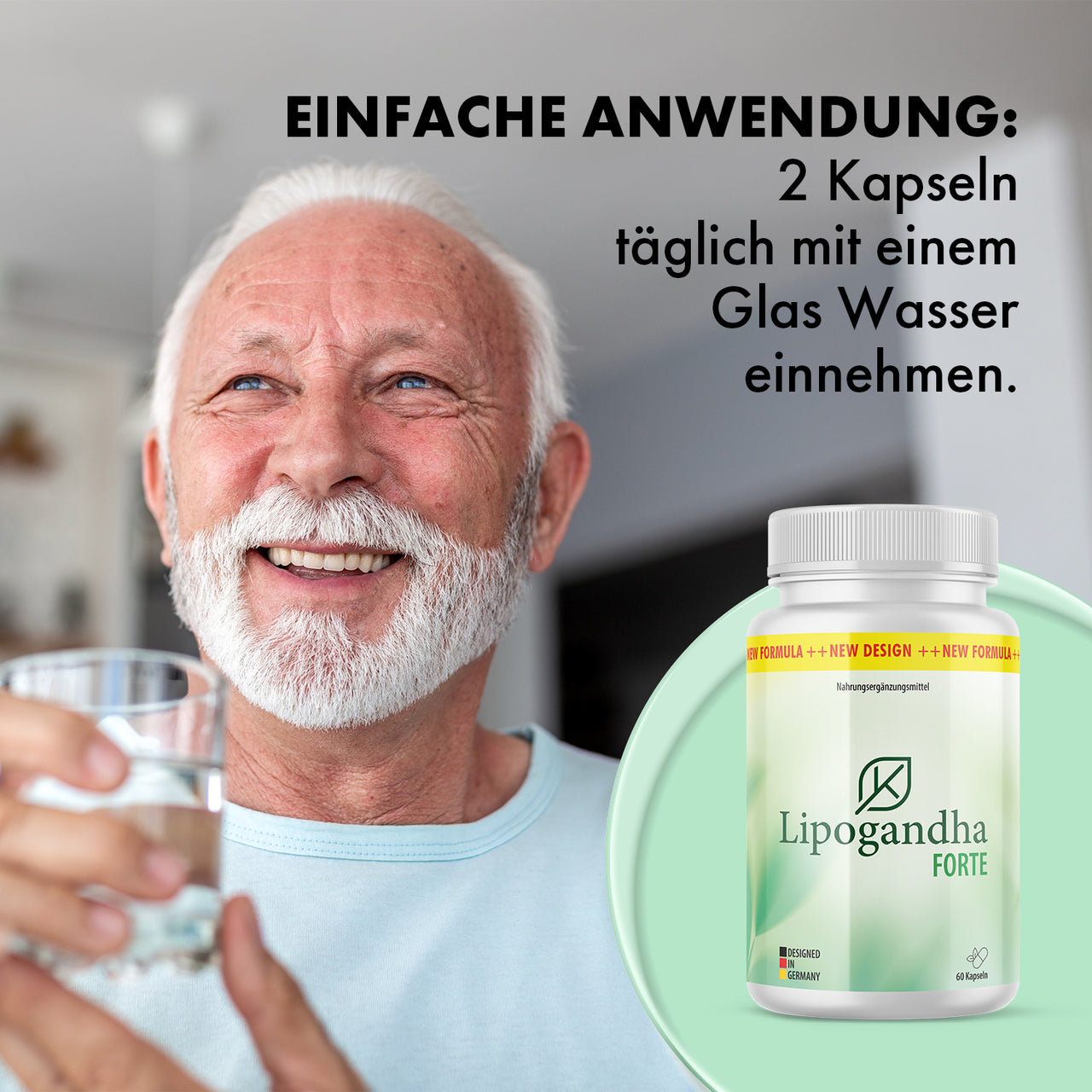 Älterer Mann hält ein Glas Wasser, daneben Lipogandha Forte Dose mit sichtbarem Einnahmehinweis