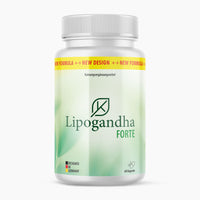 Thumbnail for Weiße Dose Lipogandha Forte mit grünem Etikett, gelbem Hinweisband und 60 Kapseln auf hellem