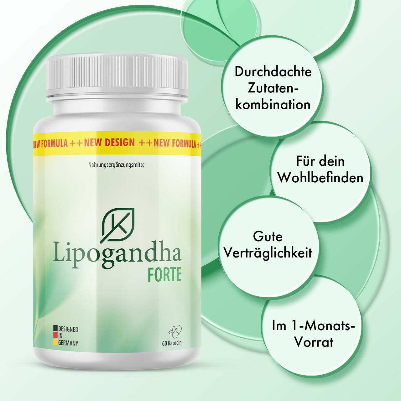 Dose Lipogandha Forte mit grünem Etikett und Infokreisen zu Zutaten, Wohlbefinden und Vorrat
