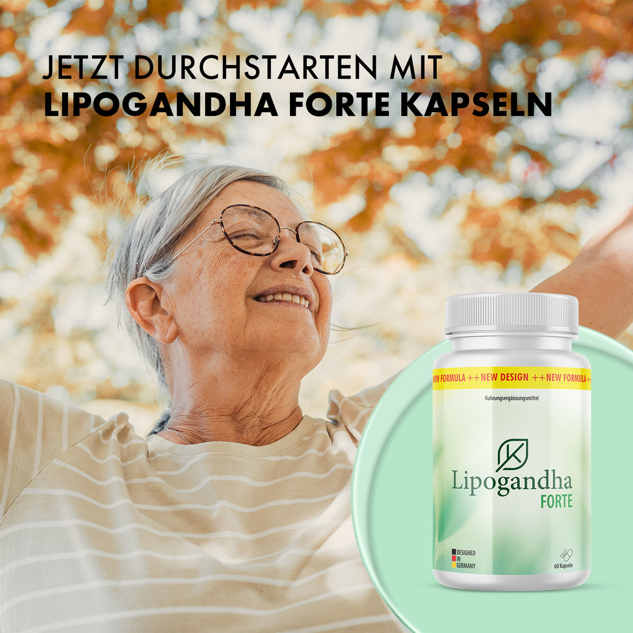 Ältere Frau mit Brille hebt die Arme, daneben Lipogandha Forte Dose vor herbstlichem Hintergrund