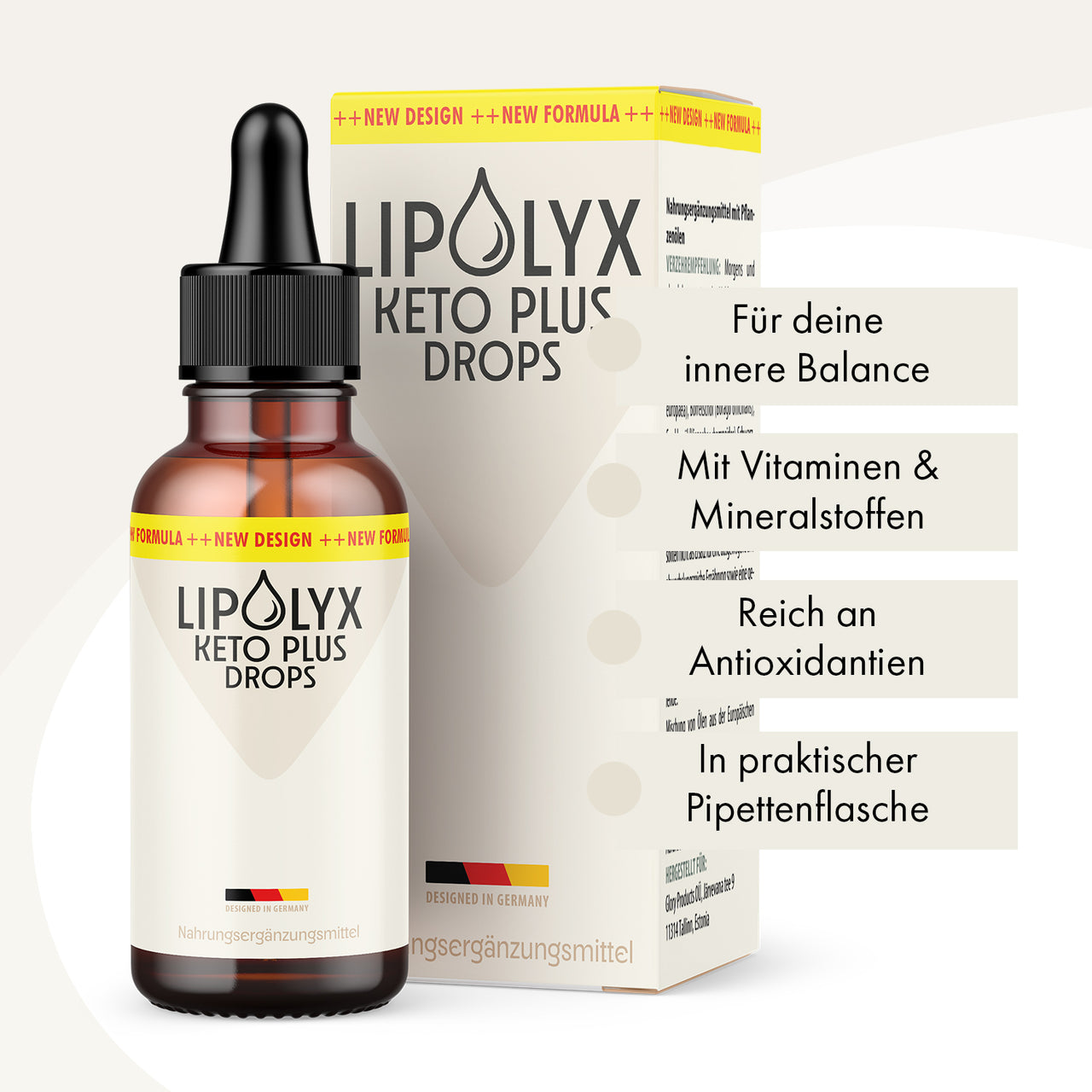 LIPOLYX Keto Plus Drops mit Pipettenflasche, Packung und vier Infopunkten zu Produktmerkmalen