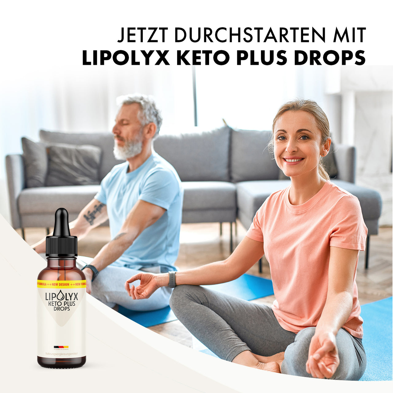 LIPOLYX Keto Plus Drops mit Pipettenflasche neben Frau und Mann auf Trainingsmatten im Wohnzimmer