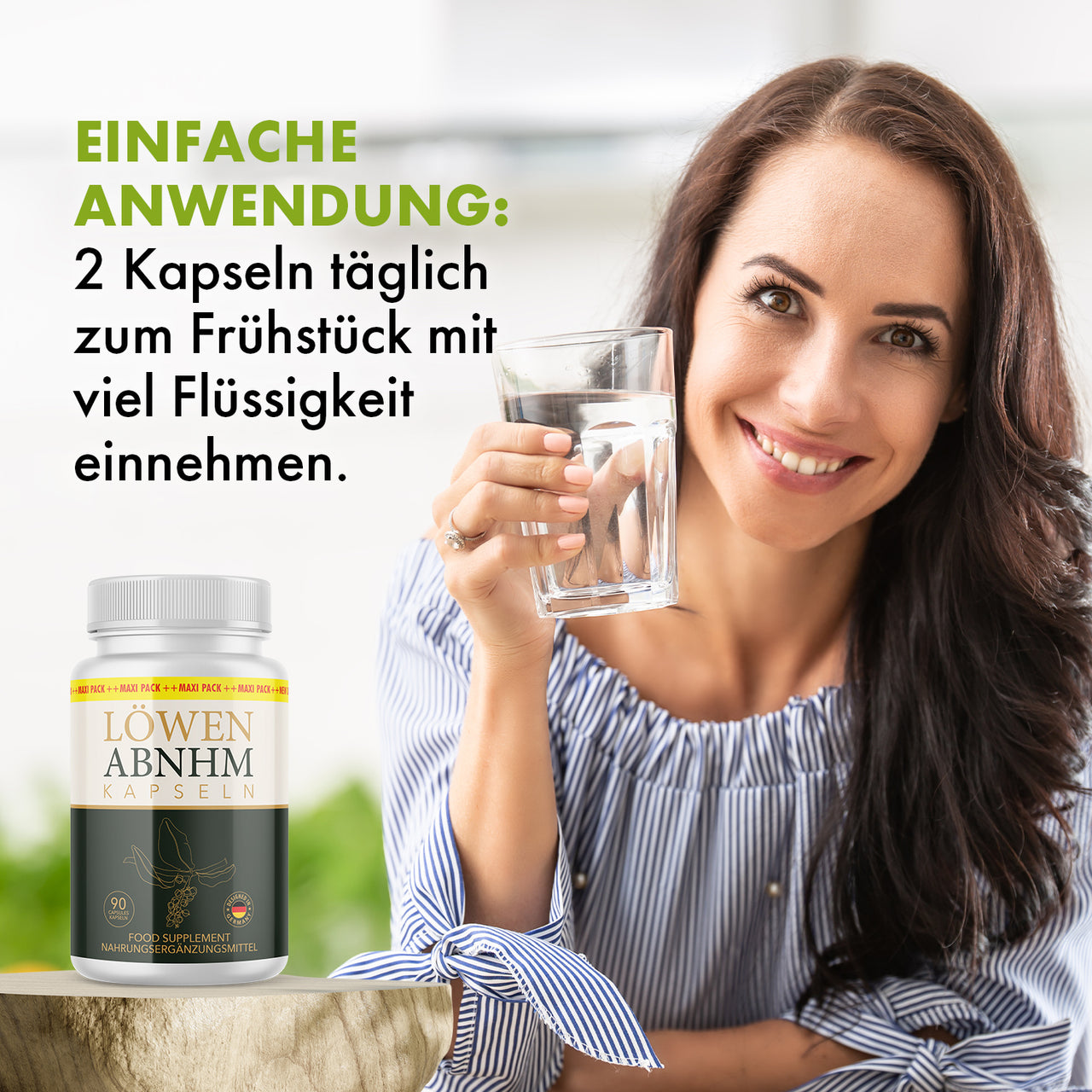 Frau hält Wasserglas neben Dose Löwen ABNHM Kapseln und sichtbarem Einnahmehinweis oben links