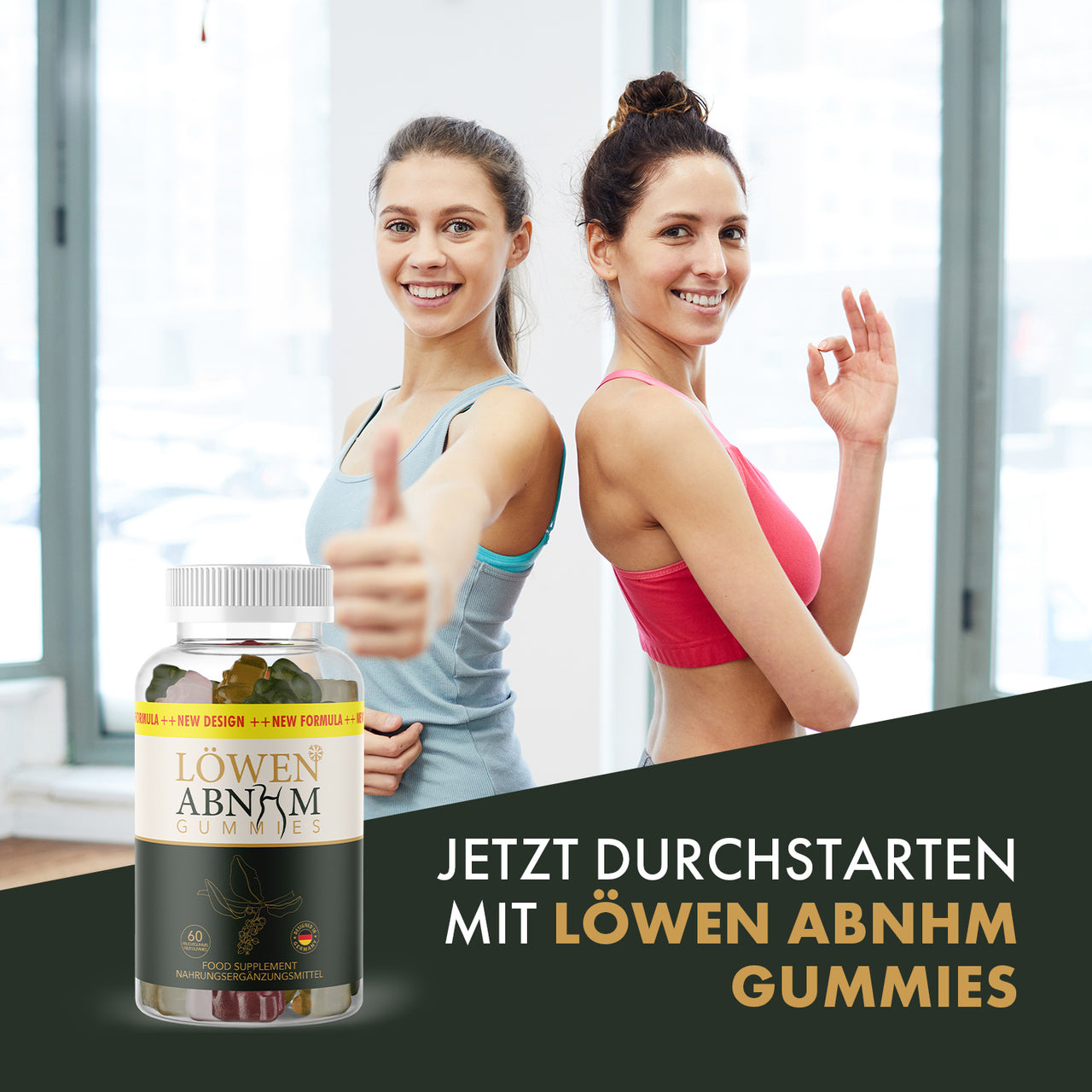 Zwei Frauen in Sportkleidung neben Löwen ABNHM Gummies; Werbeaussage „Jetzt durchstarten“ 