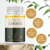 Thumbnail for Dose Löwen ABNHM Kapseln auf Holz mit vier goldenen Infokreisen und grünen Blättern im Hintergrund