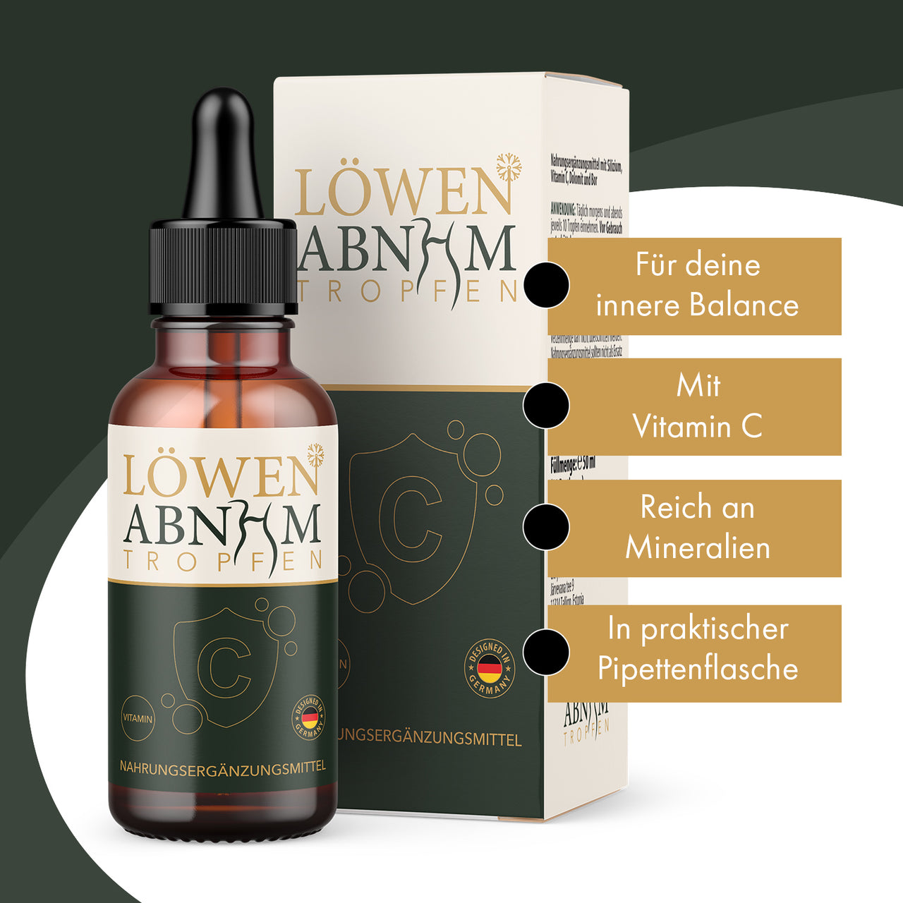 Werbegrafik zu Löwen ABNHM Tropfen nennt Vitamin C, Mineralien und die praktische Pipettenflasche