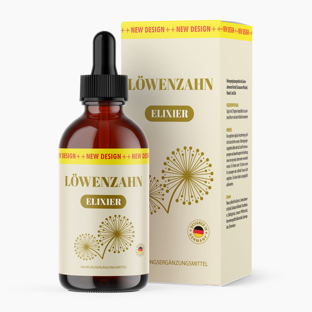 Braune Flasche mit Pipette und beigem Etikett Löwenzahn Elixier vor passender Faltschachtel mit Pusteblume 100 ml