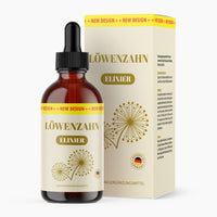 Thumbnail for Braune Flasche mit Pipette und beigem Etikett Löwenzahn Elixier vor passender Faltschachtel mit Pusteblume 100 ml