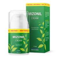 Thumbnail for Spenderflasche mit grünem Etikett Mizonil Cream, 50 ml vor passender Faltschachtel mit Pflanzenmotiv