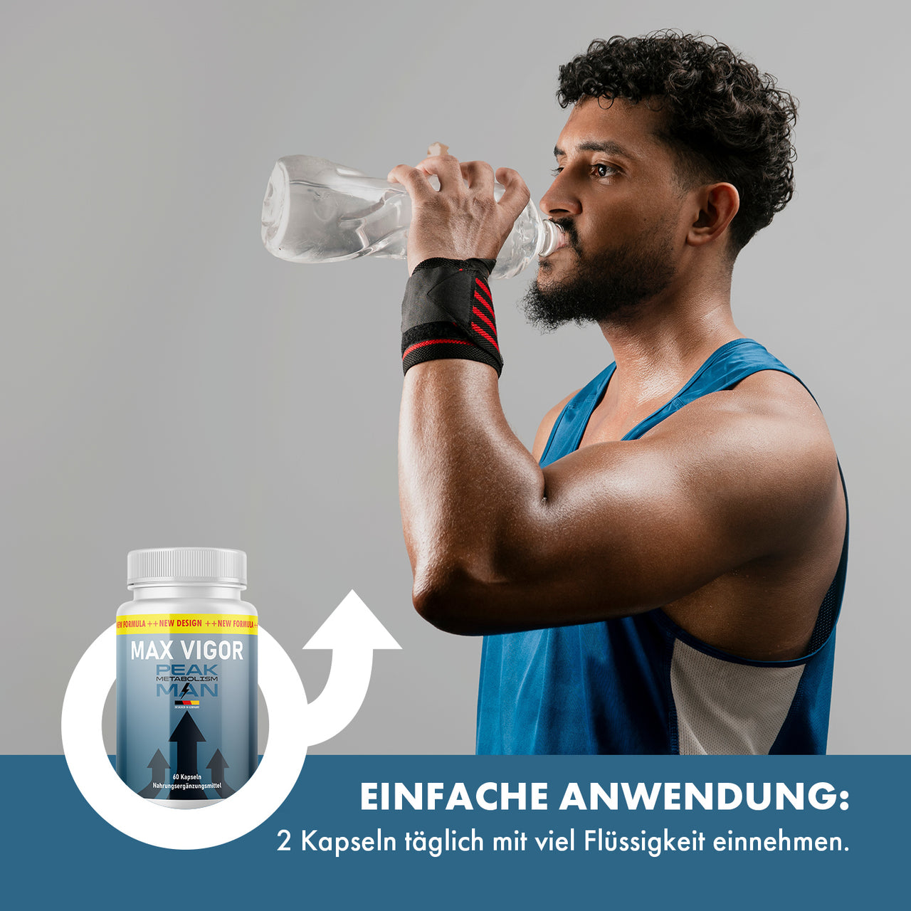 Grafik mit Mann beim Trinken, Max Vigor Peak Man Dose und Text Einfache Anwendung