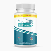 Thumbnail for Weiße Dose MediCaps Balance mit blauem Etikett, Maxi-Pack-Band und Angabe von 90 Kapseln sichtbar