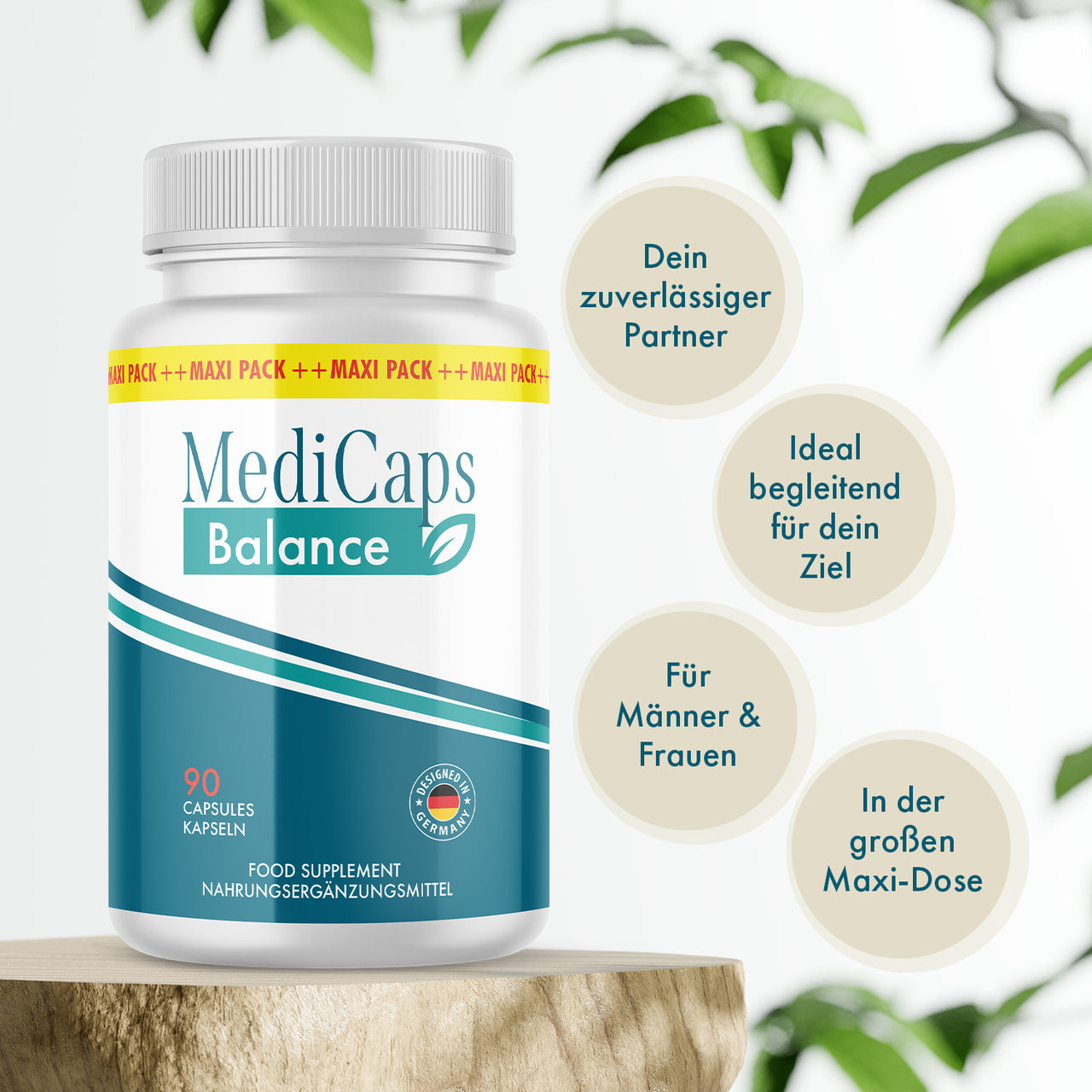 Weiße Dose MediCaps Balance mit blauem Etikett, Maxi-Pack-Band und Angabe von 90 Kapseln sichtbar
