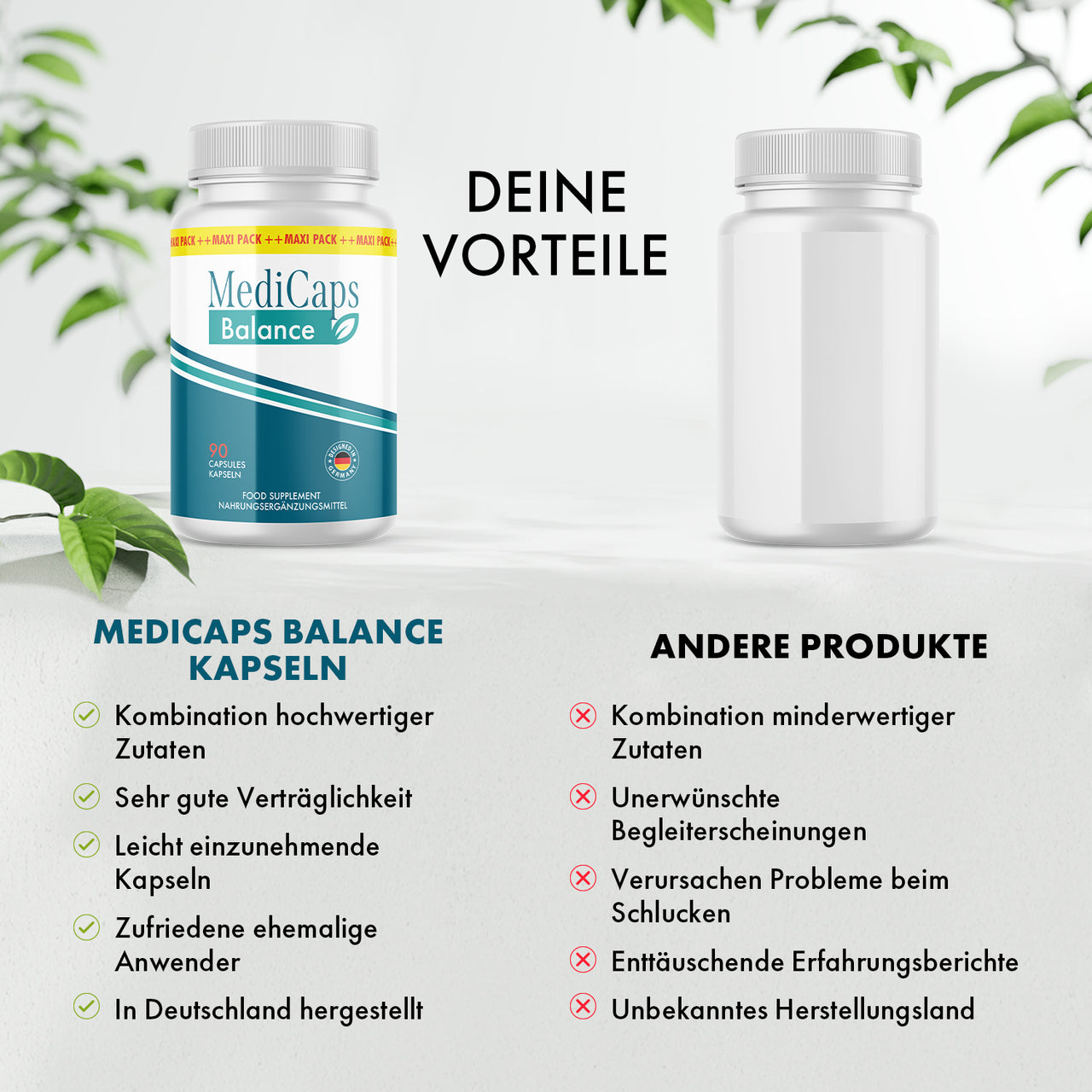 MediCaps Balance wird einer neutralen Dose mit Vorteilen und Nachteilen gegenübergestellt