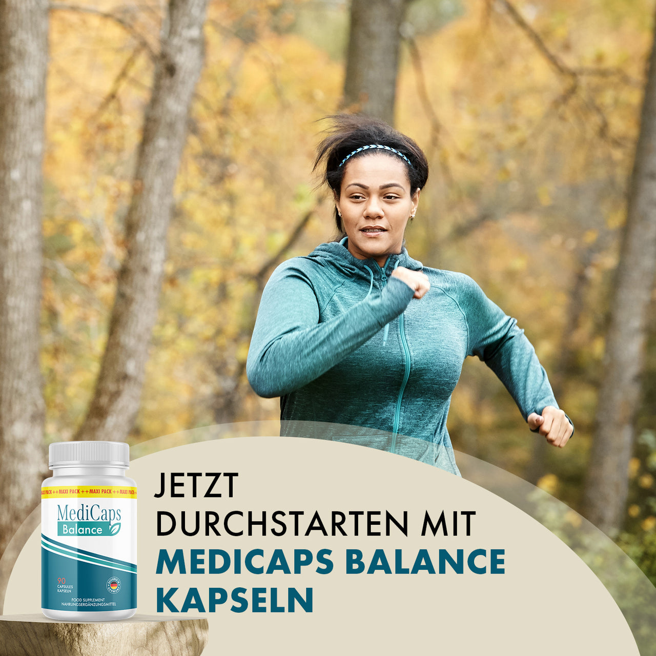 Joggende Frau neben MediCaps Balance mit sichtbarem Werbetext zum Nahrungsergänzungsmittel