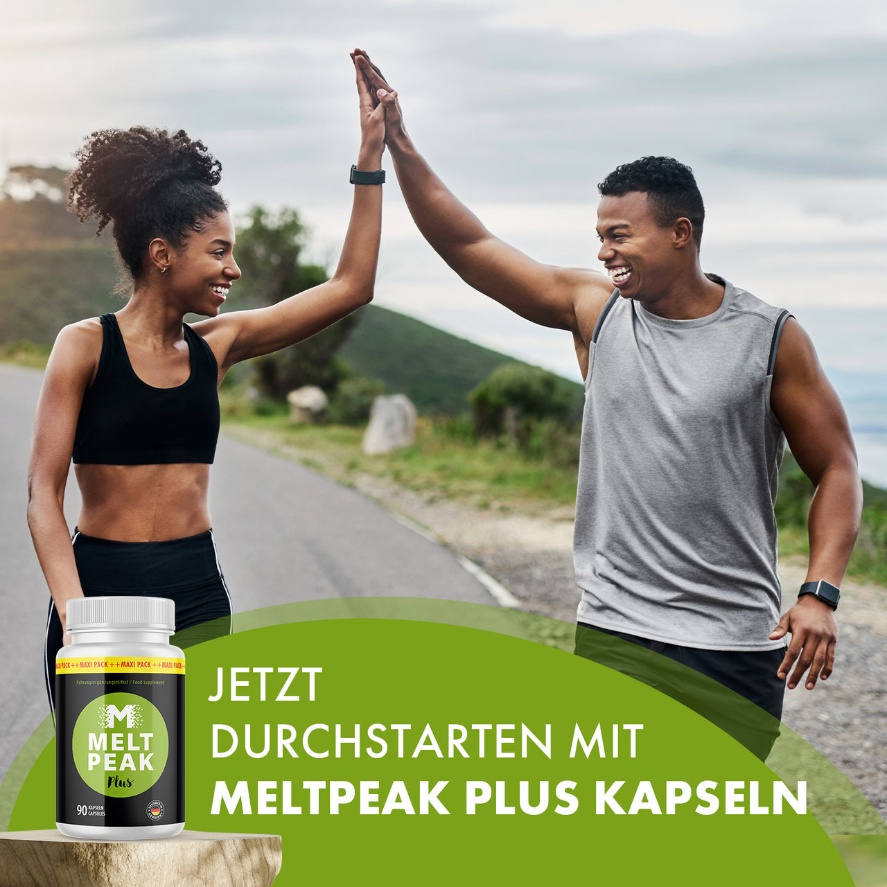 Zwei sportliche Personen geben sich ein High-Five; dazu Meltpeak Plus Kapseln und „Jetzt durchstarten“ 