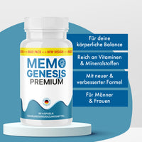 Thumbnail for Memo Genesis Premium Dose mit 90 Kapseln auf weißem Podest vor hellblauem Hintergrund