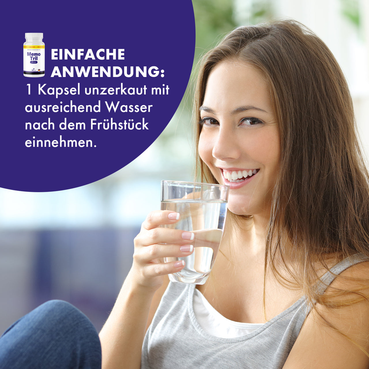 Frau mit Wasserglas und Text Einfache Anwendung zu 1 Kapsel nach dem Frühstück