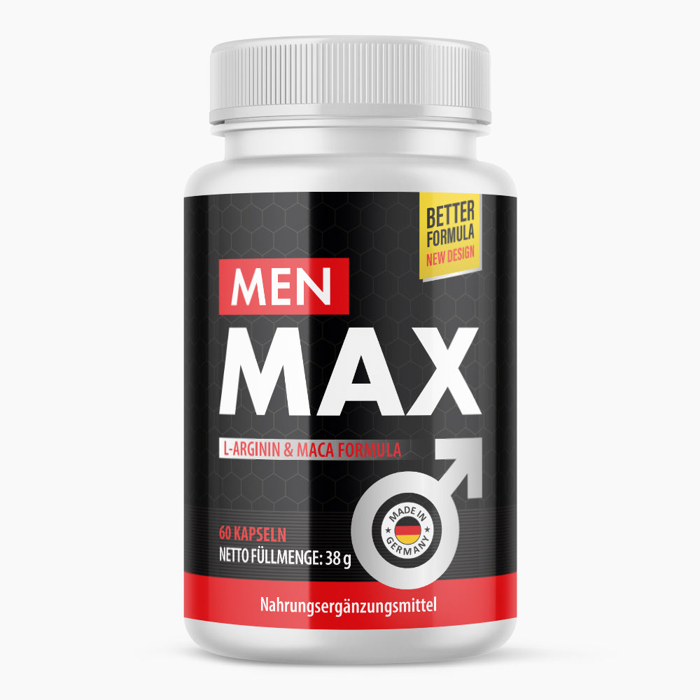 Kunststoffdose mit schwarzem Etikett und Schrift Men Max L-Arginin Maca Formula, 60 Kapseln