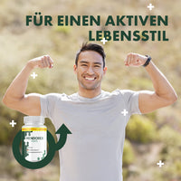 Thumbnail for Mann hebt lächelnd beide Arme, daneben Dose Mendorex Forte und Schriftzug für aktiven Lebensstil
