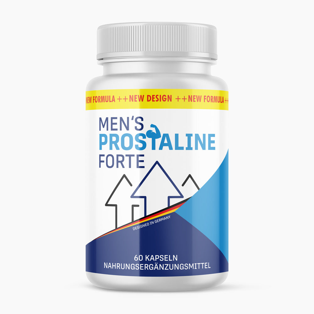 Weiße Dose Men’s Prostaline Forte mit blauem Etikett und Hinweis auf 60 Kapseln