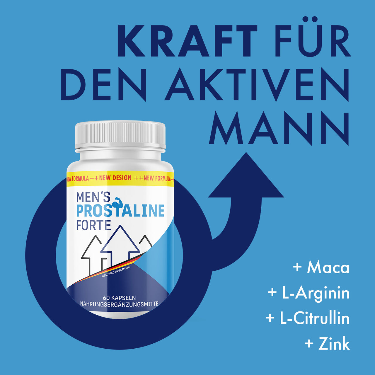 Men’s Prostaline Forte Dose auf blauem Hintergrund mit Pfeilsymbol und Inhaltsstoffen rechts