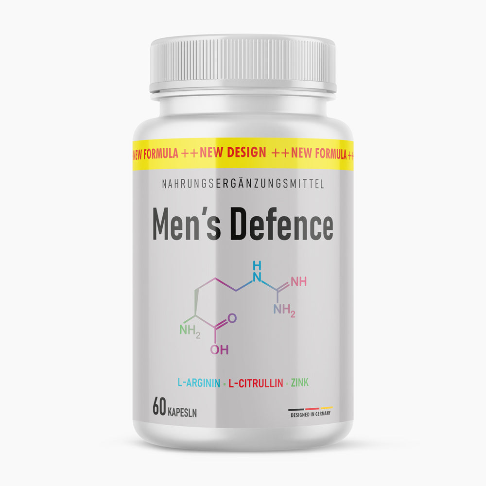 Weiße Kunststoffdose mit Aufdruck Men’s Defence, farbige Molekülgrafik und 60 Kapseln