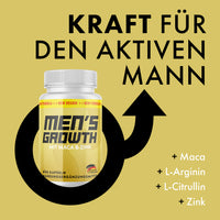 Thumbnail for Kraft für den aktiven Mann mit Men’s Growth Dose, Pfeilsymbol und Zutatenliste rechts im Werbebild für Männer