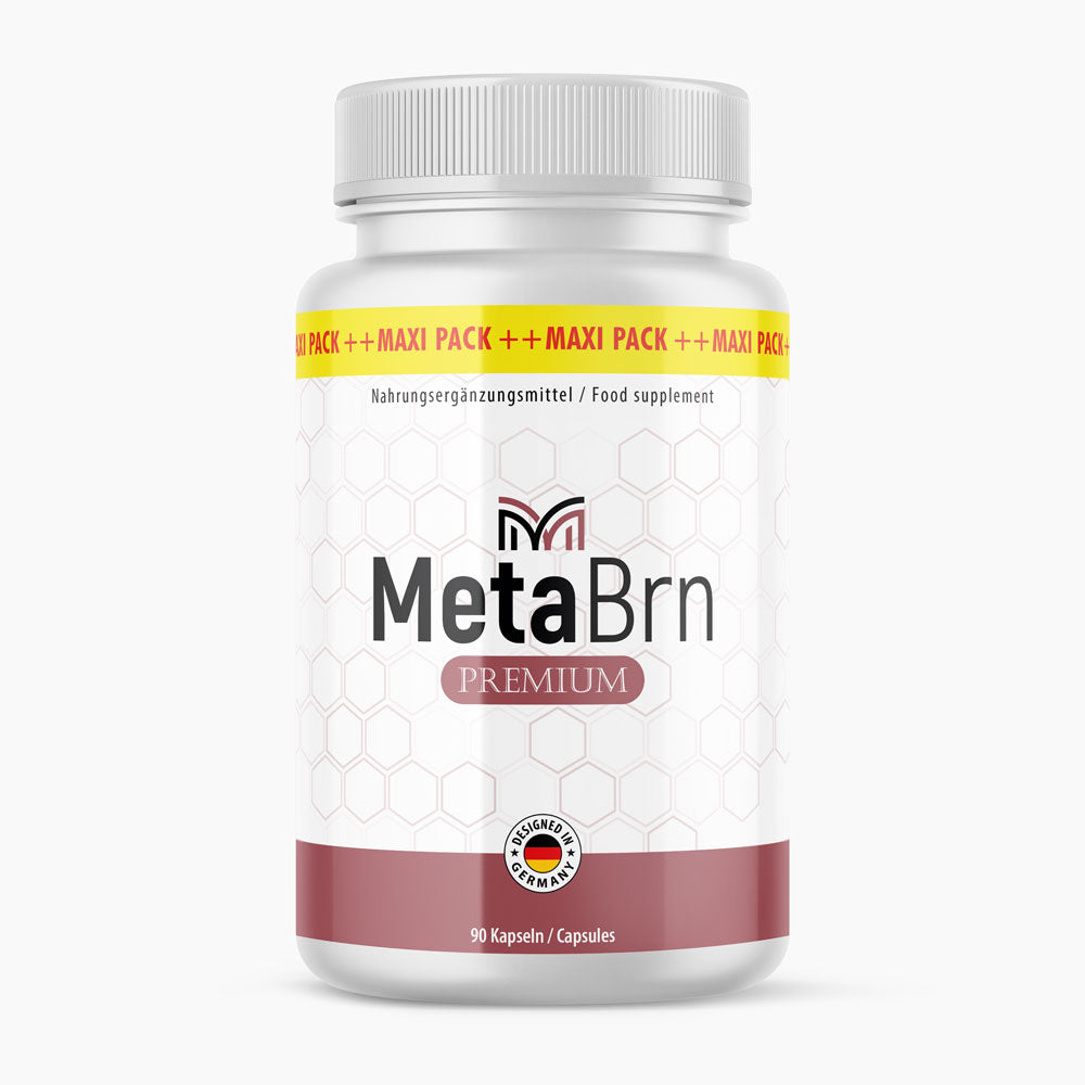MetaBrn Premium Dose als Nahrungsergänzungsmittel mit Wabenmuster und 90 Kapseln im Bild
