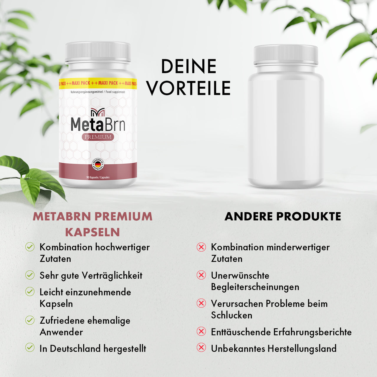 MetaBrn Premium Dose wird anderer Dose gegenübergestellt, mit Vorteilen und Nachteilen im Bild