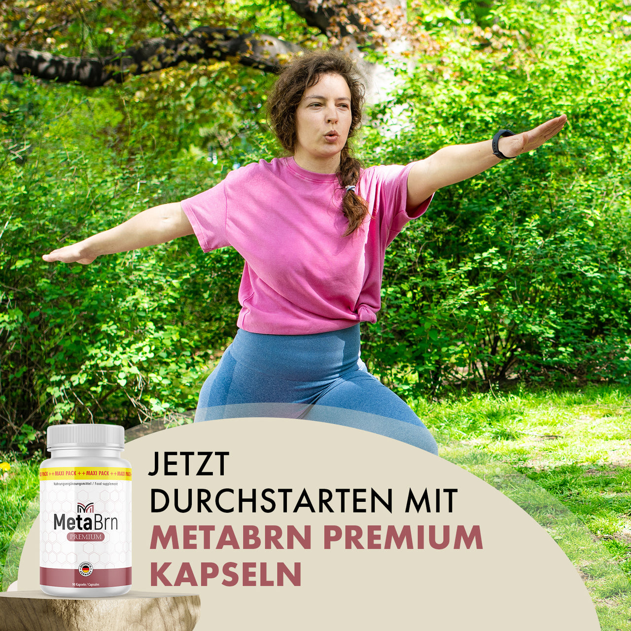 Frau trainiert im Grünen mit ausgestreckten Armen, daneben Meta BrnPremium Dose mit Produkttext