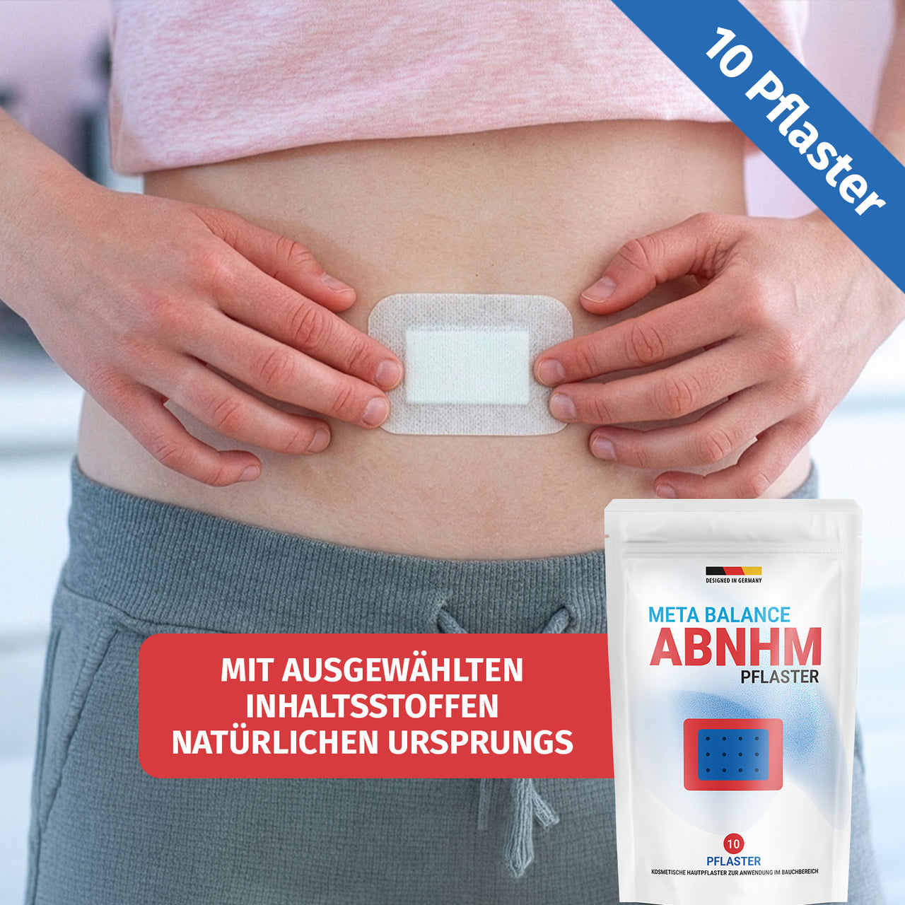 Metabolism Abnhm Pflaster am Bauch, mit Packung, Hinweis 10 Pflaster und rotem Textfeld unten