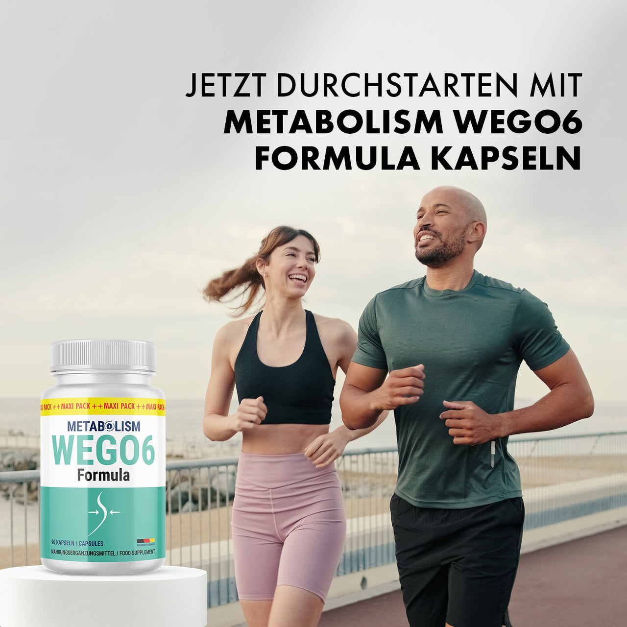 Laufendes Paar im Freien mit WEGO6 Nahrungsergänzung im Vordergrund und Text zur Produktanwendung oben