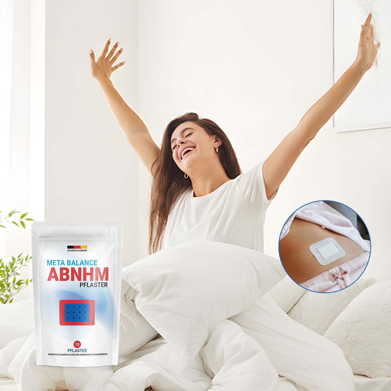 Metabolism Abnhm Pflaster Packung neben Frau im Bett, mit rundem Bildausschnitt am Bauch rechts