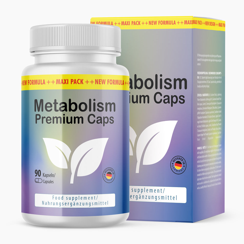Dose mit 90 Kapseln, Aufdruck Metabolism Premium Caps und passender Faltschachtel 