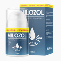 Thumbnail for Pumpspender mit Schrift Milozol with natural ingredients, 50 ml vor passender Faltschachtel mit Tropfensymbol