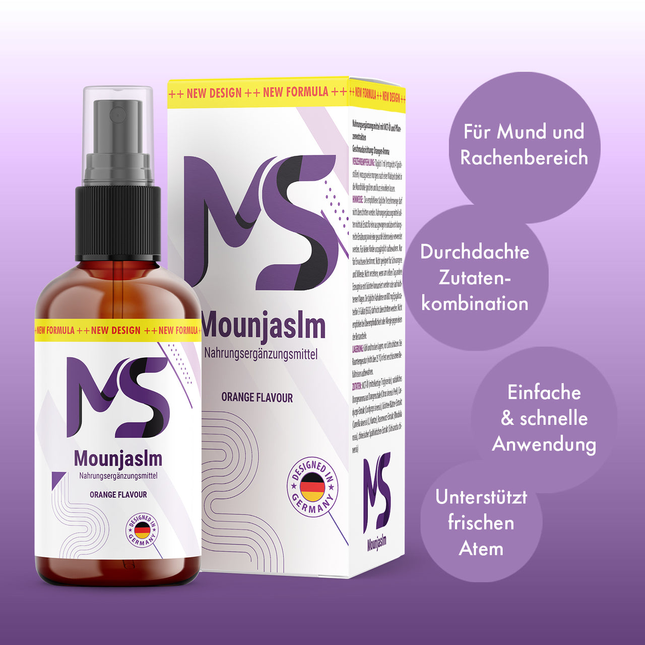 Mounjaslm Sprühflasche mit Verpackung Orange Flavour vor lila Hintergrund mit Produktvorteilen