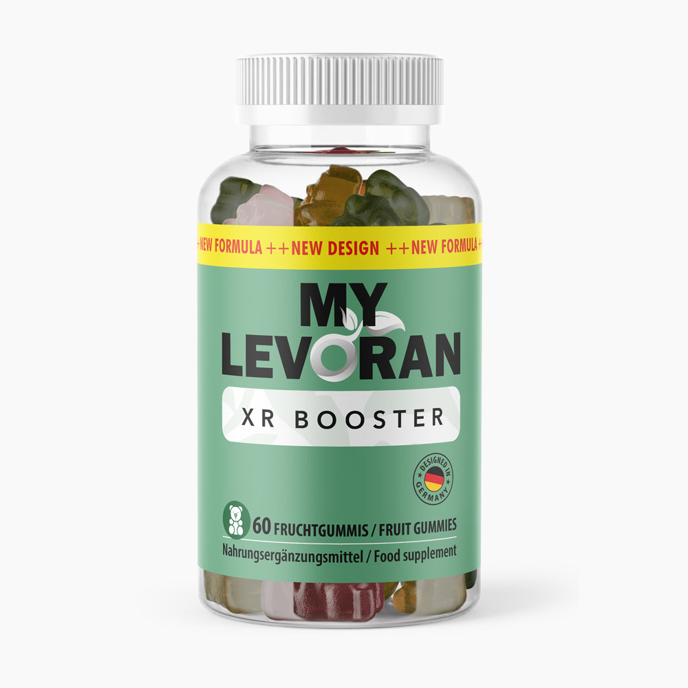 Dose mit weißem Deckel, grünem Etikett und Schrift XR Booster, sichtbare Fruchtgummis 60 Stück